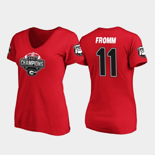 Women's #11 Jake Fromm Georgia Bulldogs For V-Neck 2019 SEC East Football Division Champions T-Shirt - Red