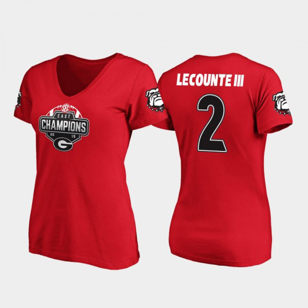 Women's #2 Richard LeCounte III Georgia Bulldogs 2019 SEC East Football Division Champions For V-Neck T-Shirt - Red