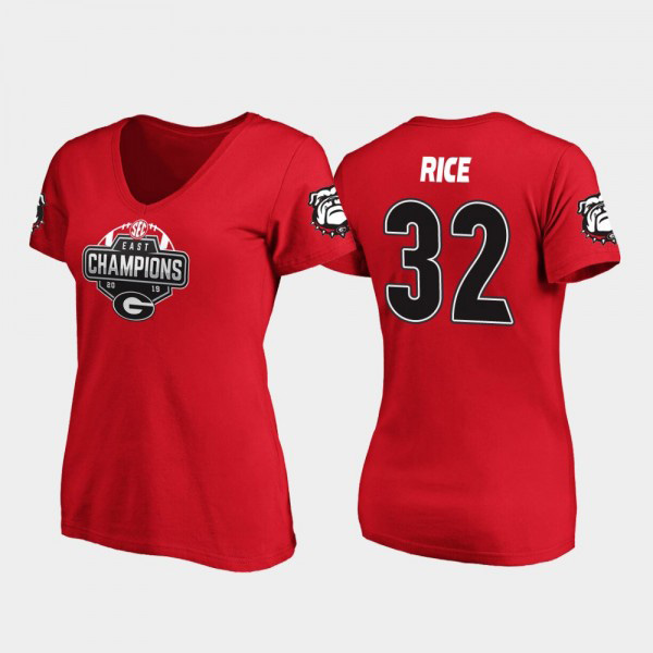 Women's #32 Monty Rice Georgia Bulldogs 2019 SEC East Football Division Champions For V-Neck T-Shirt - Red