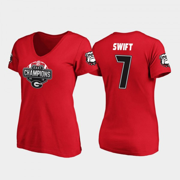 Women's #7 D'Andre Swift Georgia Bulldogs V-Neck 2019 SEC East Football Division Champions T-Shirt - Red